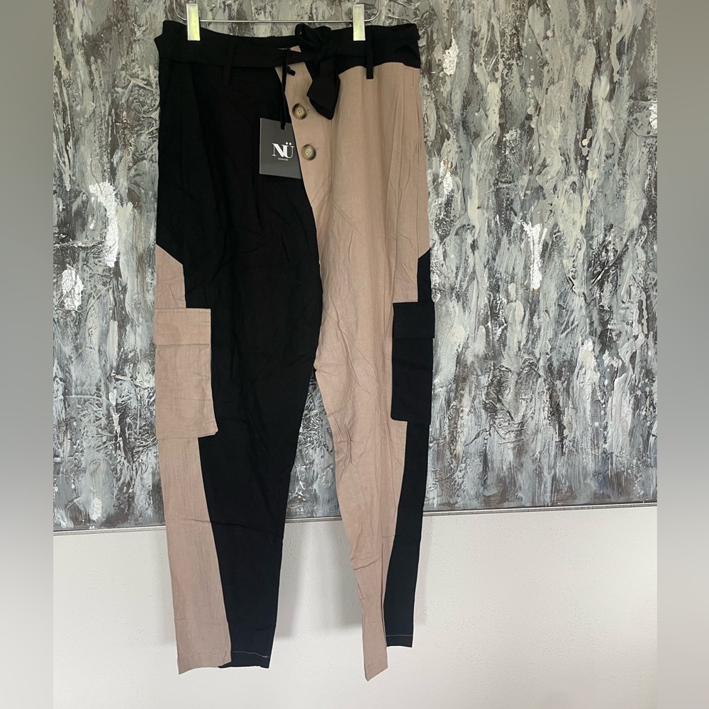 Women's NU DENMARK NWT 2-Tone OSA Trouser Pants-Linen Blend-Black, Beige-Small